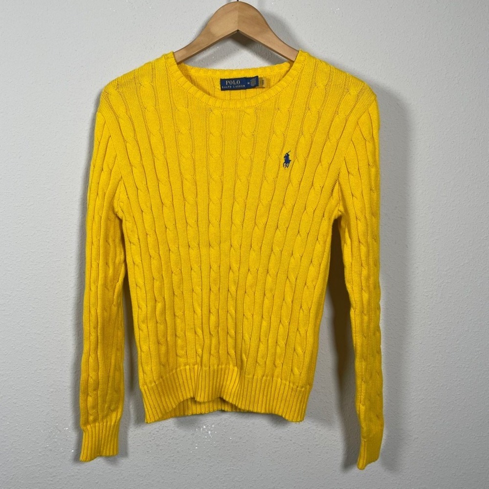 Polo Ralph Lauren Cable Knit Sweater Women M Yellow Academia Cotton Crew Classic